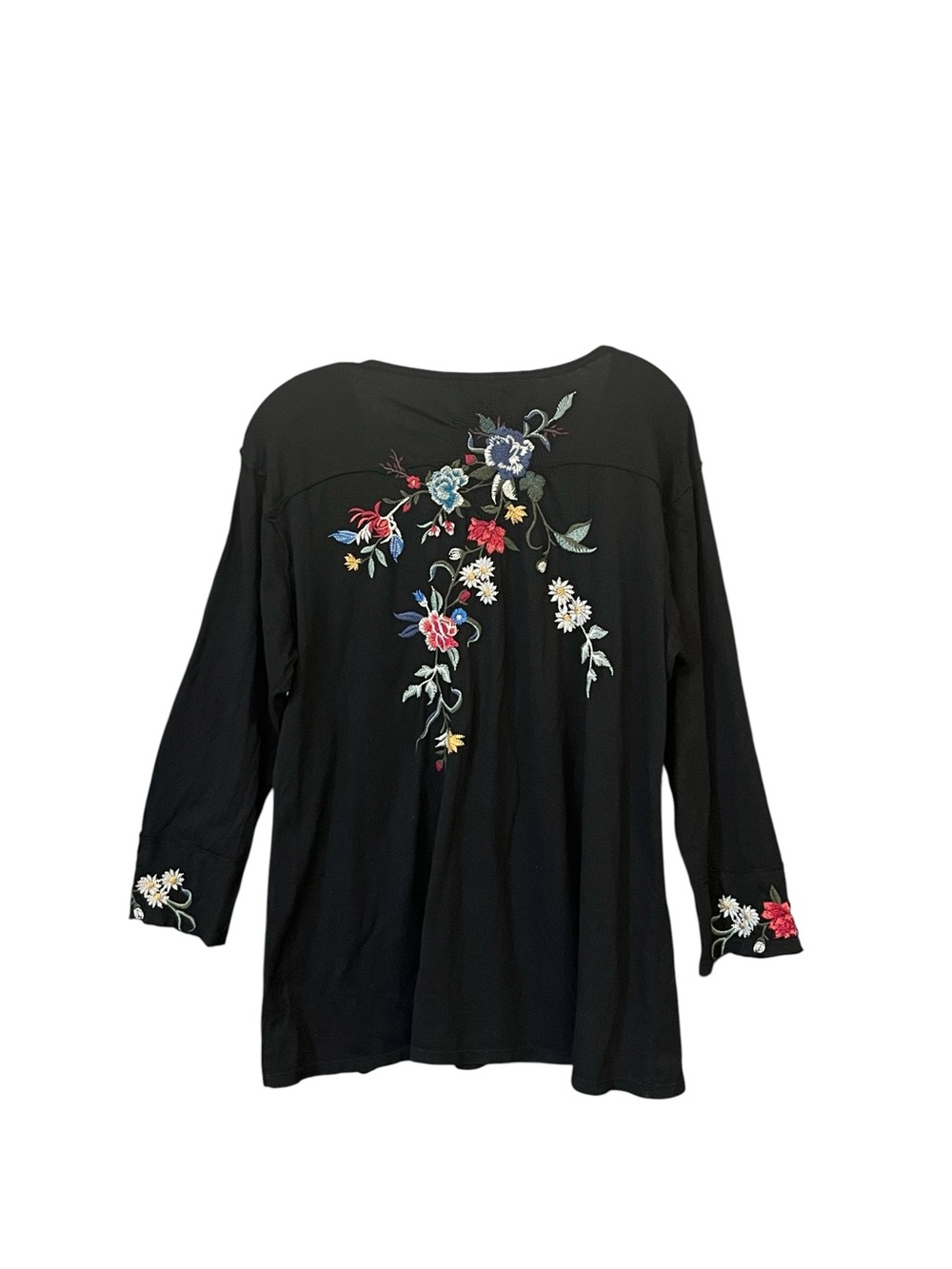 Johnny Was Embroidered Floral Tunic Top Black Cotton Boho Women’s L V Neck - Picture 2 of 11